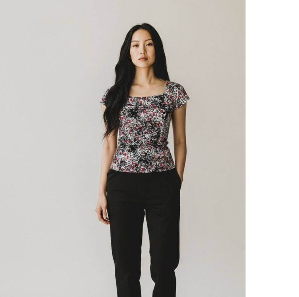 Fifilles Paris Floral Pattern Ruched Top SM VTG 90s Cottage Career Work